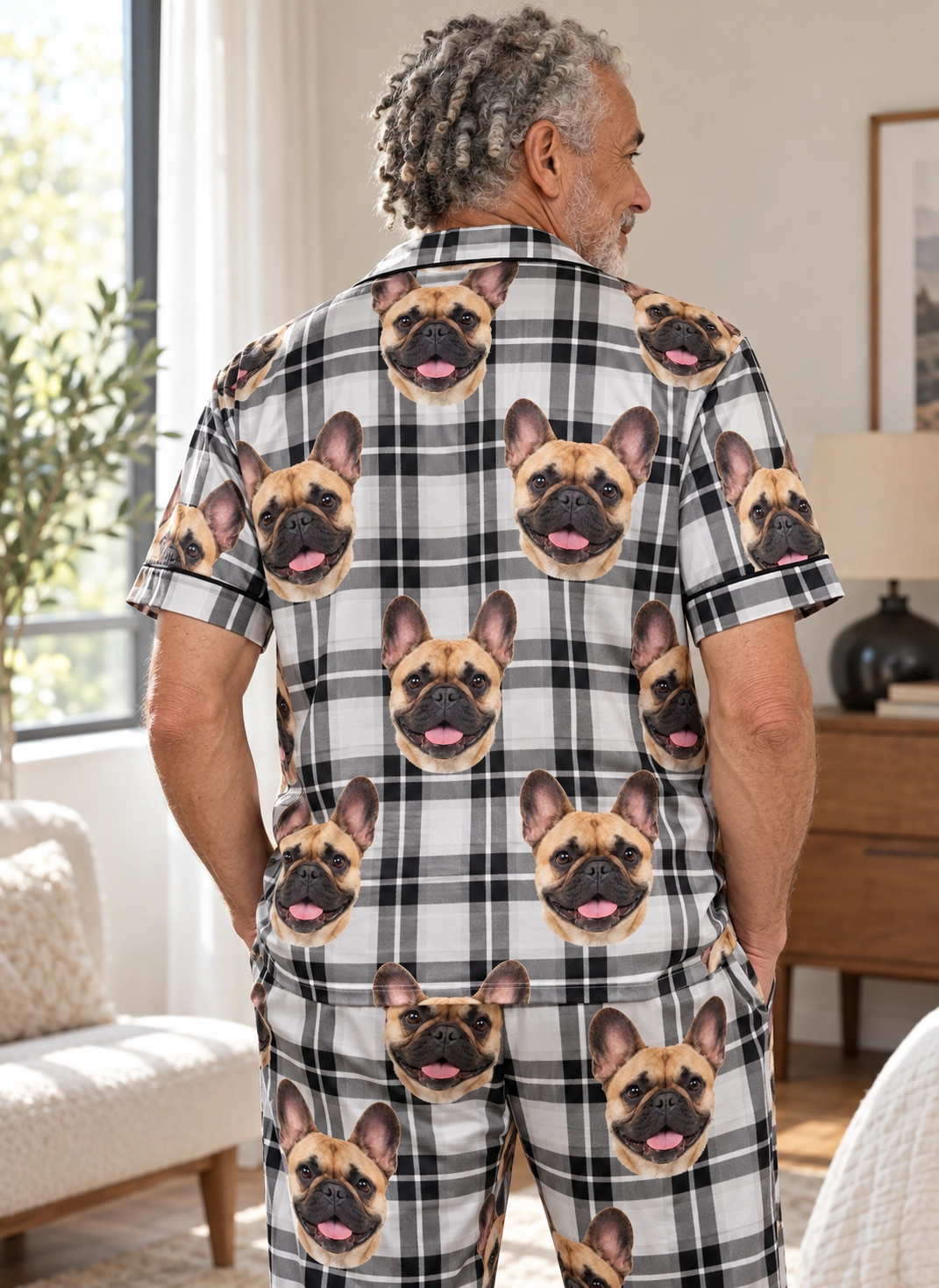 French Bulldog Dad Pajamas – Back View, White Plaid | MyDogPics Back view of French bulldog dad pajamas: the print continues all the way round — MyDogPics