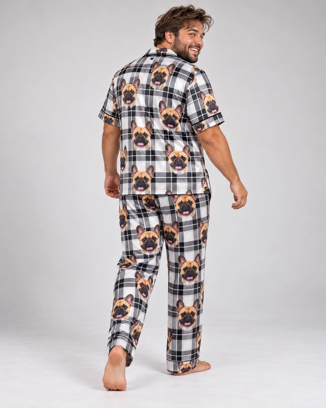 French Bulldog Dad Pajamas – Back View, White Plaid | MyDogPics Back view of French bulldog dad pajamas: the print continues all the way round — MyDogPics