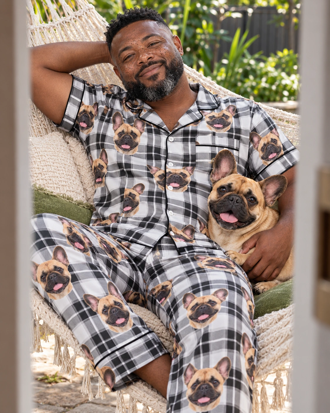 French Bulldog Dad Pajamas – Cuddling Dog, White Plaid | MyDogPics Man in French bulldog dad pajamas cuddling his French Bulldog — MyDogPics