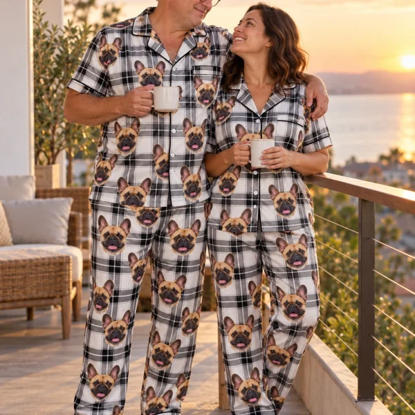 Man and his partner in matching French bulldog dad pajamas with fawn French Bulldog faces on white plaid satin — MyDogPics