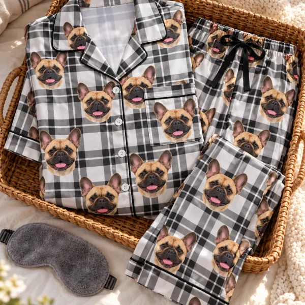 Flat lay of French bulldog dad pajamas: shirt and pants covered in fawn French Bulldog faces — MyDogPics