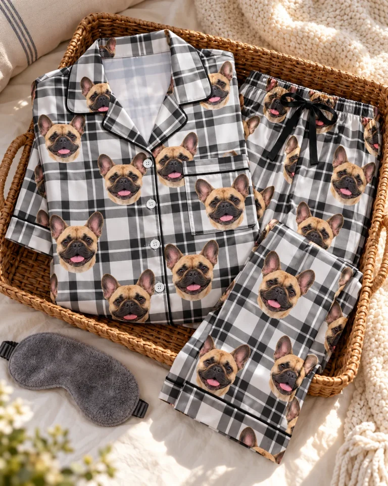 Flat lay of French bulldog dad pajamas: shirt and pants covered in fawn French Bulldog faces — MyDogPics