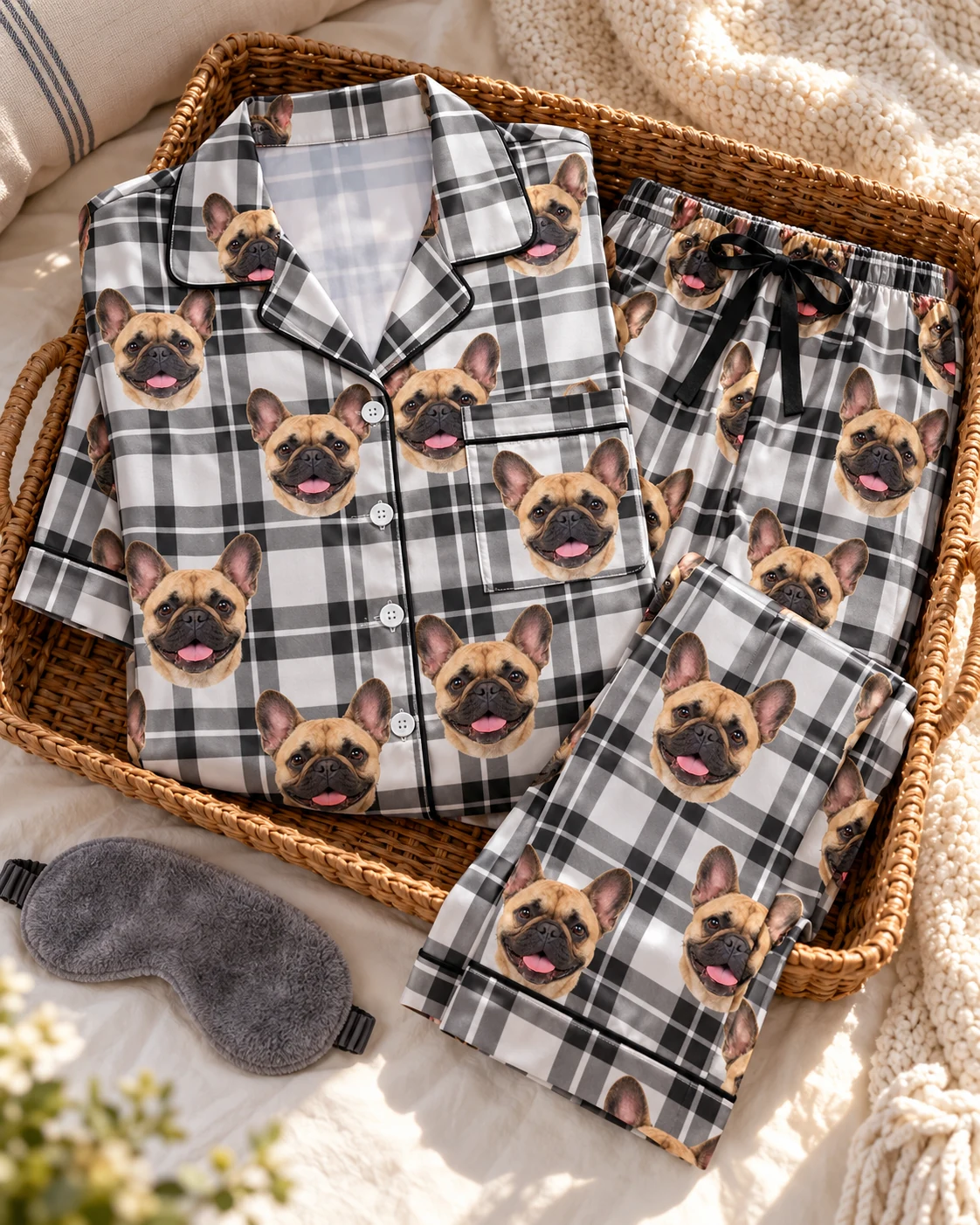 French Bulldog Dad Pajamas – Flat Lay, White Plaid | MyDogPics Flat lay of French bulldog dad pajamas: shirt and pants covered in fawn French Bulldog faces — MyDogPics