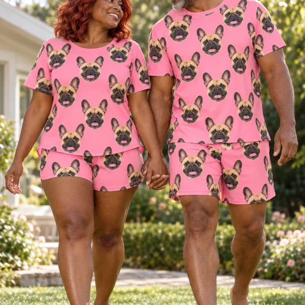 Woman and her partner in matching French bulldog lounge set with fawn French Bulldog faces on pink fabric — MyDogPics