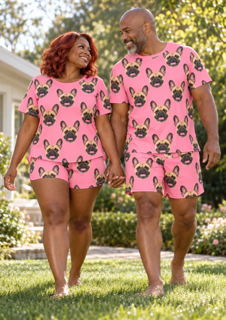 Woman and her partner in matching French bulldog lounge set with fawn French Bulldog faces on pink fabric — MyDogPics