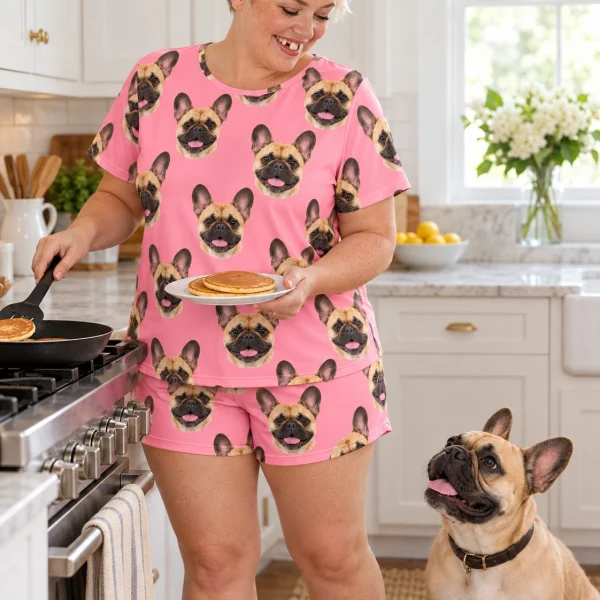 Woman in a French bulldog lounge set with her French Bulldog — MyDogPics