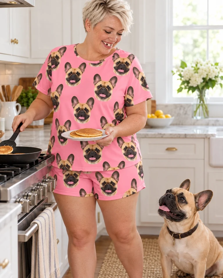 Woman in a French bulldog lounge set with her French Bulldog — MyDogPics