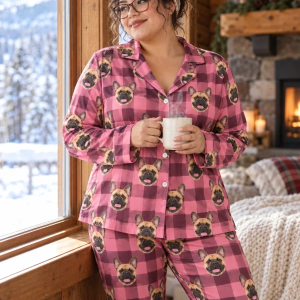 Woman posing in French bulldog mom pajamas, fawn French Bulldog faces on pink plaid fabric — MyDogPics