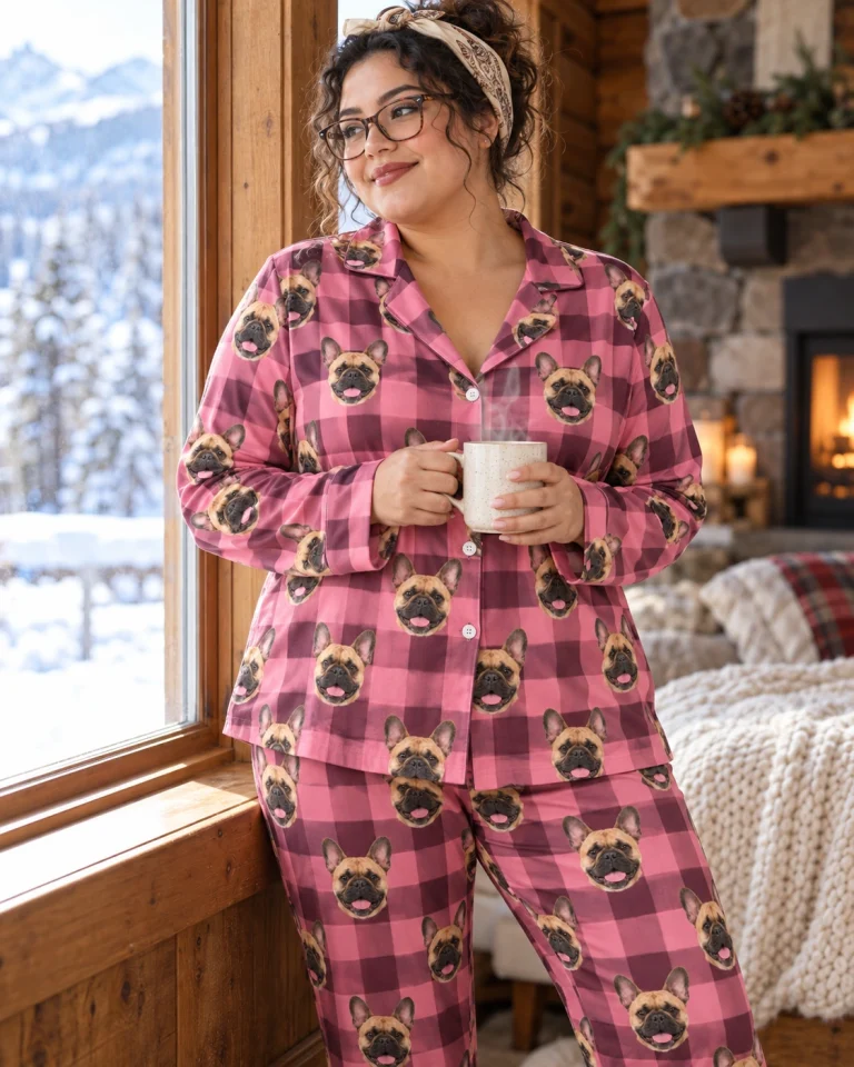 Woman posing in French bulldog mom pajamas, fawn French Bulldog faces on pink plaid fabric — MyDogPics