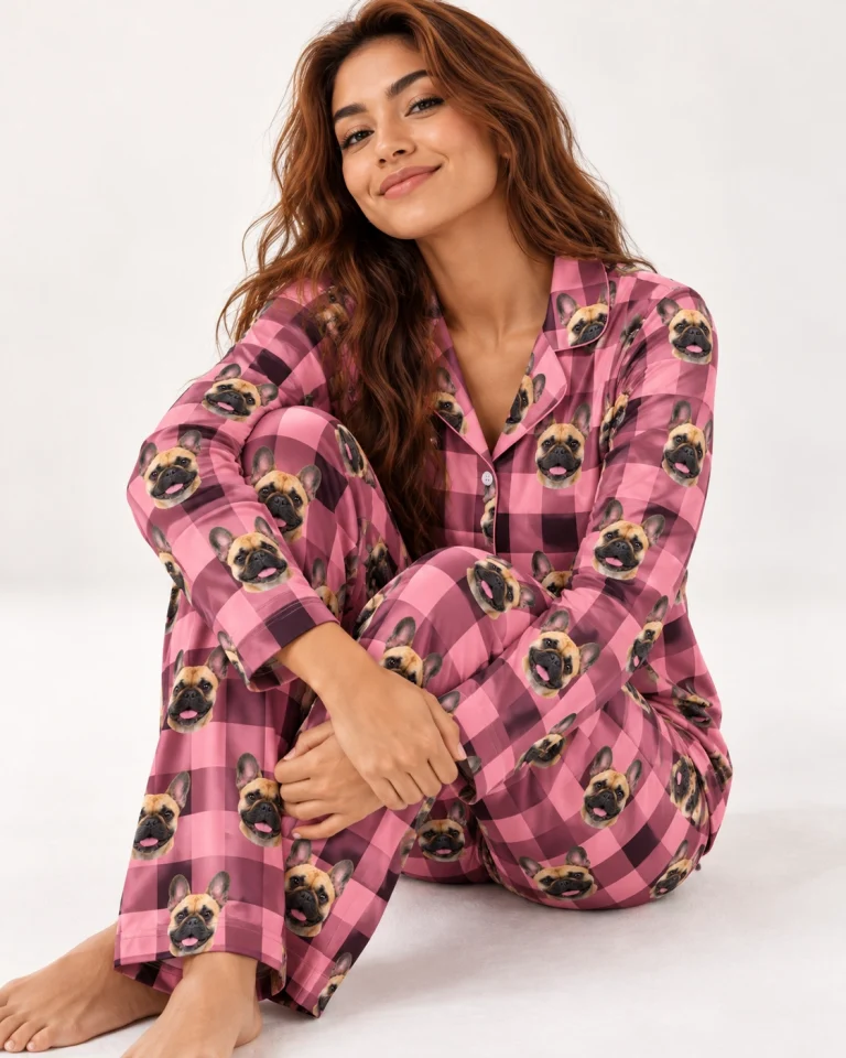 Woman sitting in French bulldog mom pajamas covered in fawn French Bulldog faces — MyDogPics