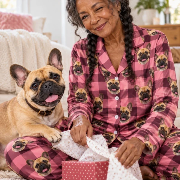 Woman in French bulldog mom pajamas with her French Bulldog — MyDogPics