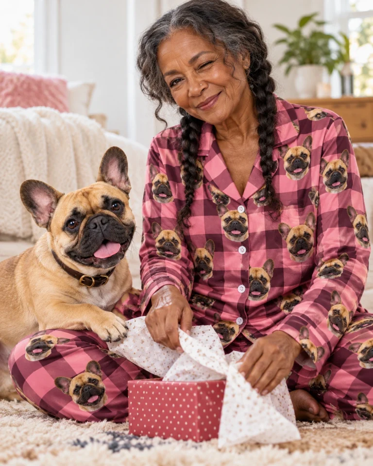 Woman in French bulldog mom pajamas with her French Bulldog — MyDogPics
