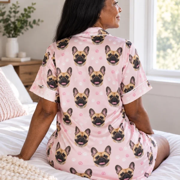 Back view of a French bulldog nightgown: the print continues all the way round — MyDogPics