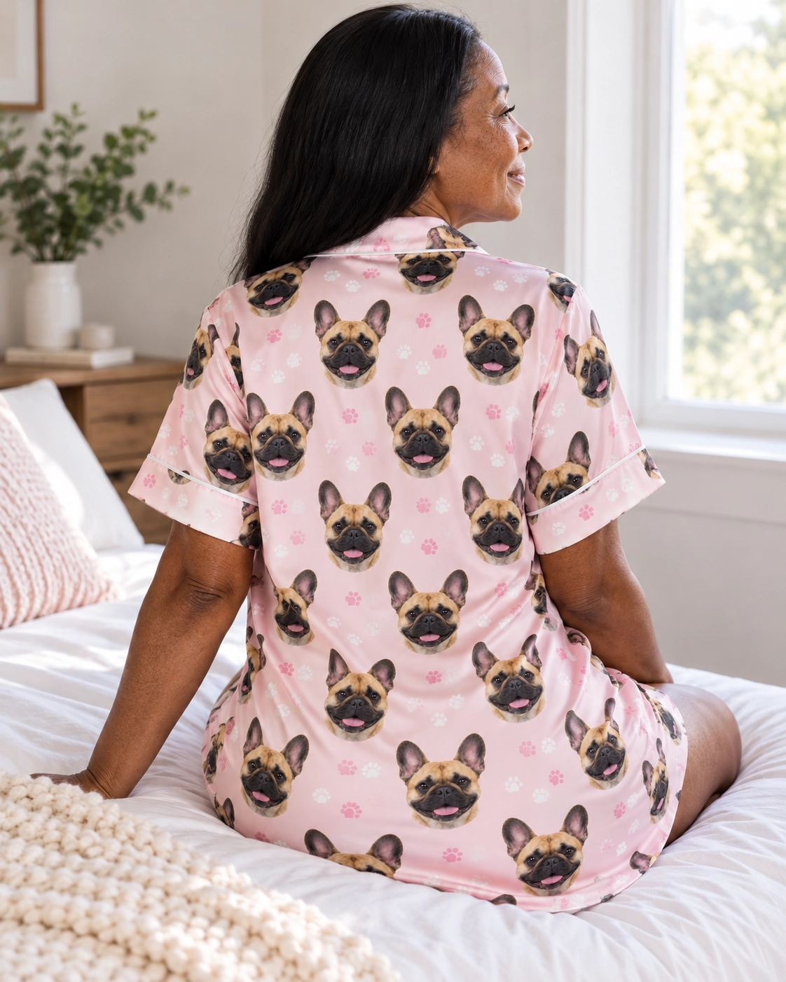 French Bulldog Nightgown – Back View, Blush Pink Paw-Print | MyDogPics Back view of a French bulldog nightgown: the print continues all the way round — MyDogPics