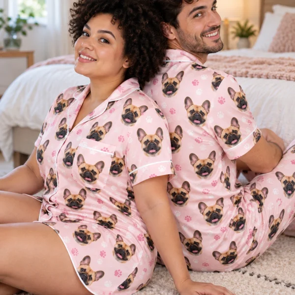 Woman and her partner in matching French bulldog nightgown with fawn French Bulldog faces — MyDogPics