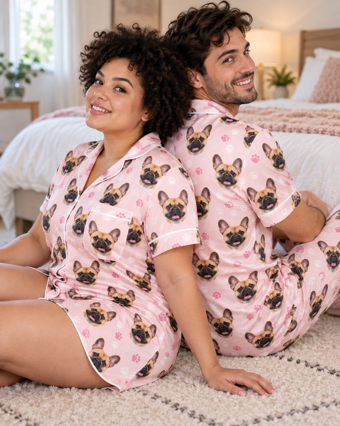 French Bulldog Nightgown – Family, Blush Pink Paw-Print | MyDogPics Woman and her partner in matching French bulldog nightgown with fawn French Bulldog faces — MyDogPics