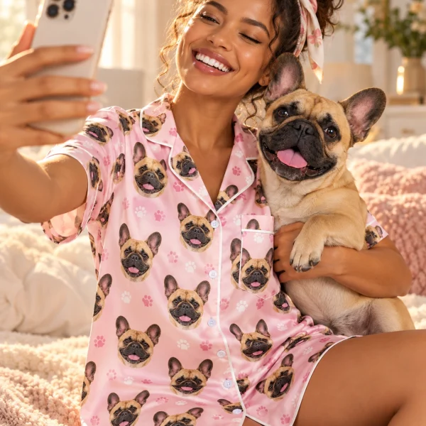Woman in a French bulldog nightgown holding her French Bulldog — MyDogPics