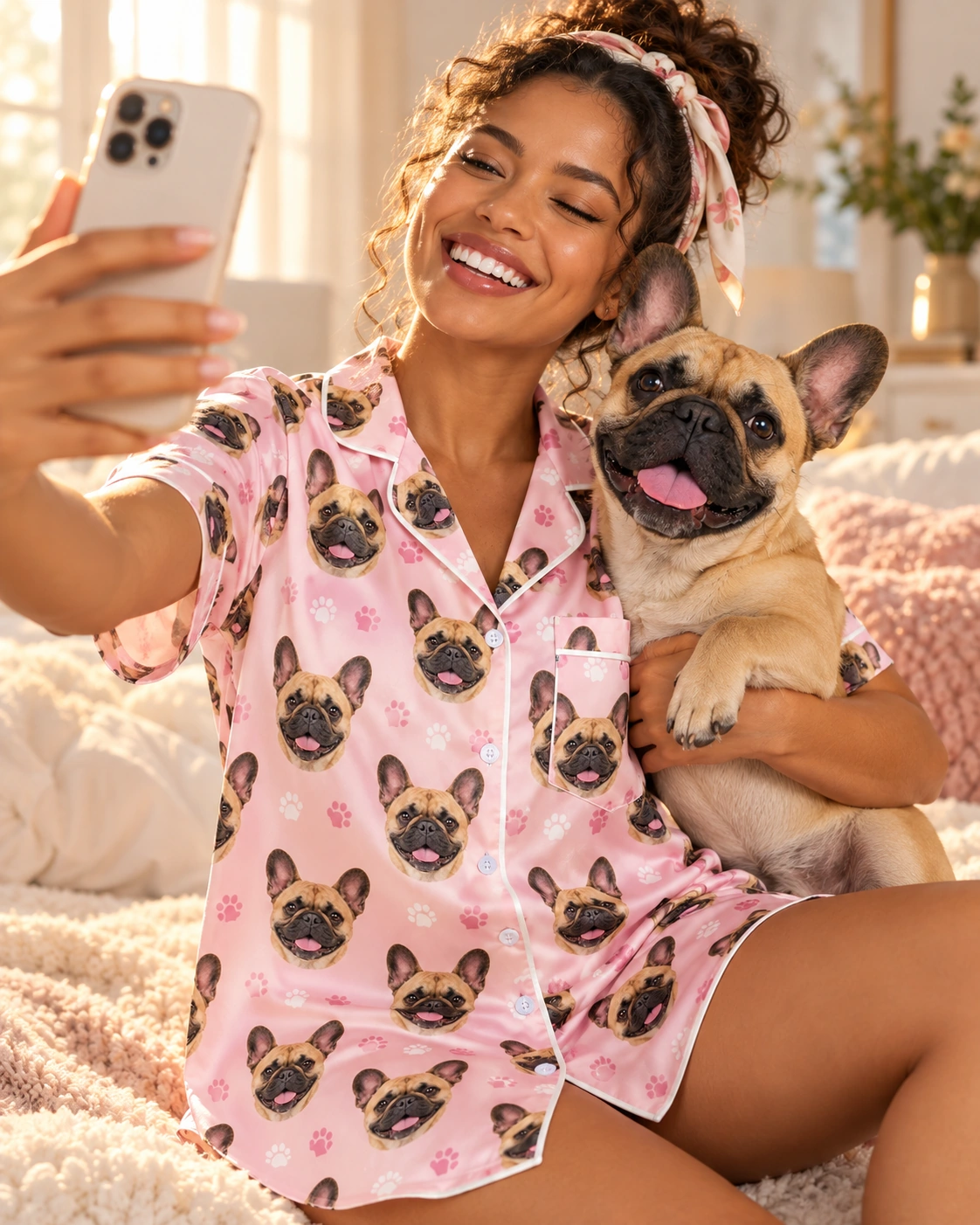 French Bulldog Nightgown – Holding Dog, Blush Pink Paw-Print | MyDogPics Woman in a French bulldog nightgown holding her French Bulldog — MyDogPics