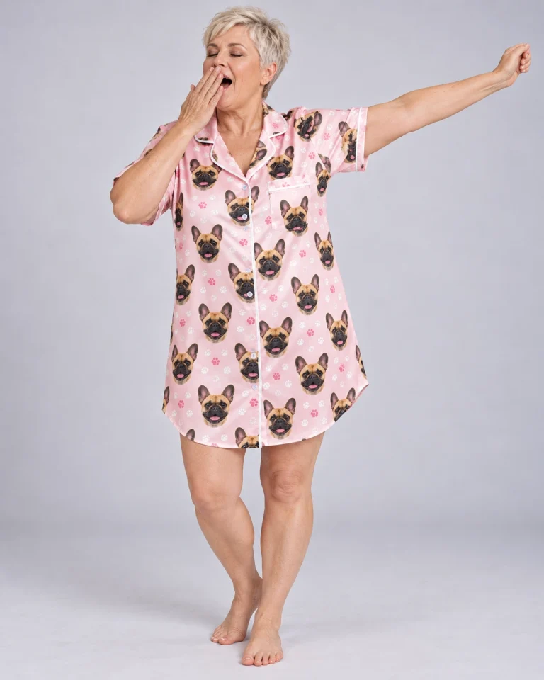 Woman posing in a French bulldog nightgown, fawn French Bulldog faces on blush pink paw-print satin — MyDogPics