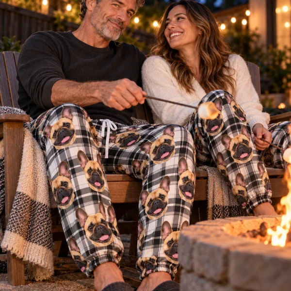 Man and his partner in matching French bulldog pajama pants with fawn French Bulldog faces on white plaid fabric — MyDogPics