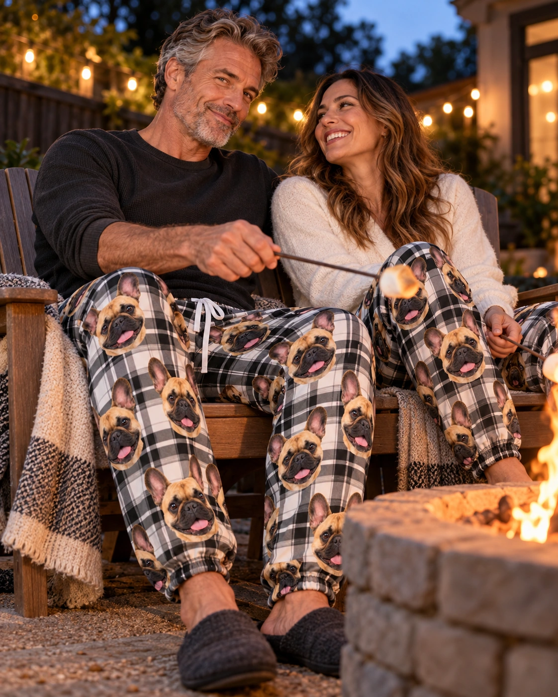 French Bulldog Pajama Pants – Family, White Plaid | MyDogPics Man and his partner in matching French bulldog pajama pants with fawn French Bulldog faces on white plaid fabric — MyDogPics