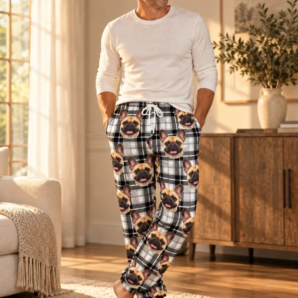 Man wearing French bulldog pajama pants covered in fawn French Bulldog faces on white plaid fabric — MyDogPics