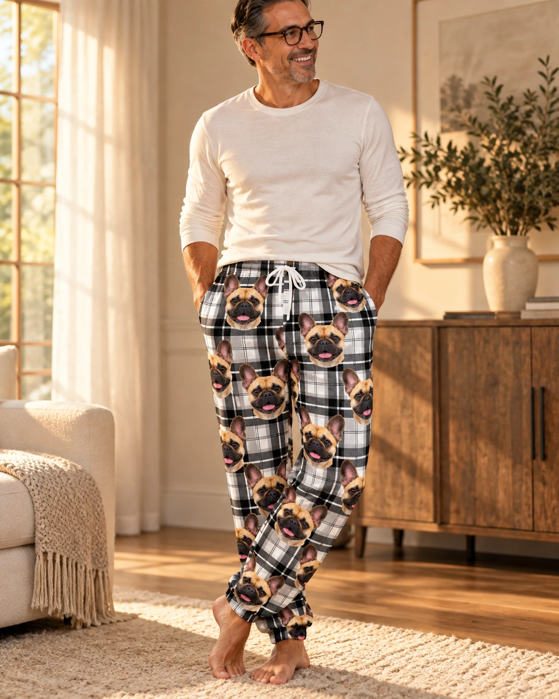 French Bulldog Pajama Pants – Front View, White Plaid | MyDogPics Man wearing French bulldog pajama pants covered in fawn French Bulldog faces on white plaid fabric — MyDogPics