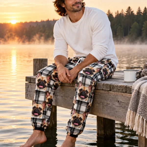 Man sitting in French bulldog pajama pants covered in fawn French Bulldog faces — MyDogPics