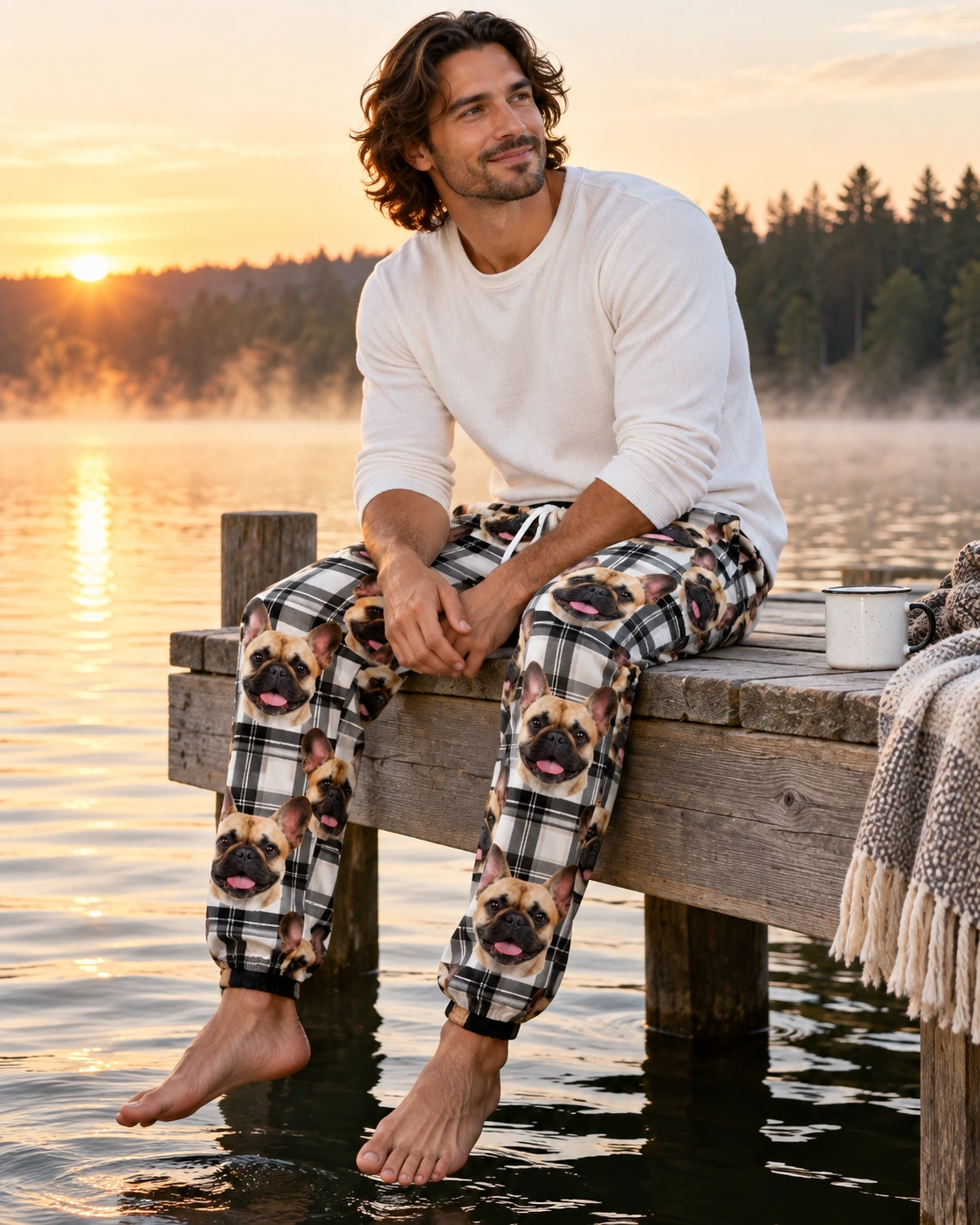 French Bulldog Pajama Pants – Sitting, White Plaid | MyDogPics Man sitting in French bulldog pajama pants covered in fawn French Bulldog faces — MyDogPics