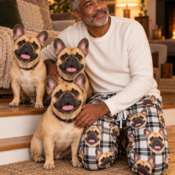 Man in French bulldog pajama pants with his French Bulldog — MyDogPics