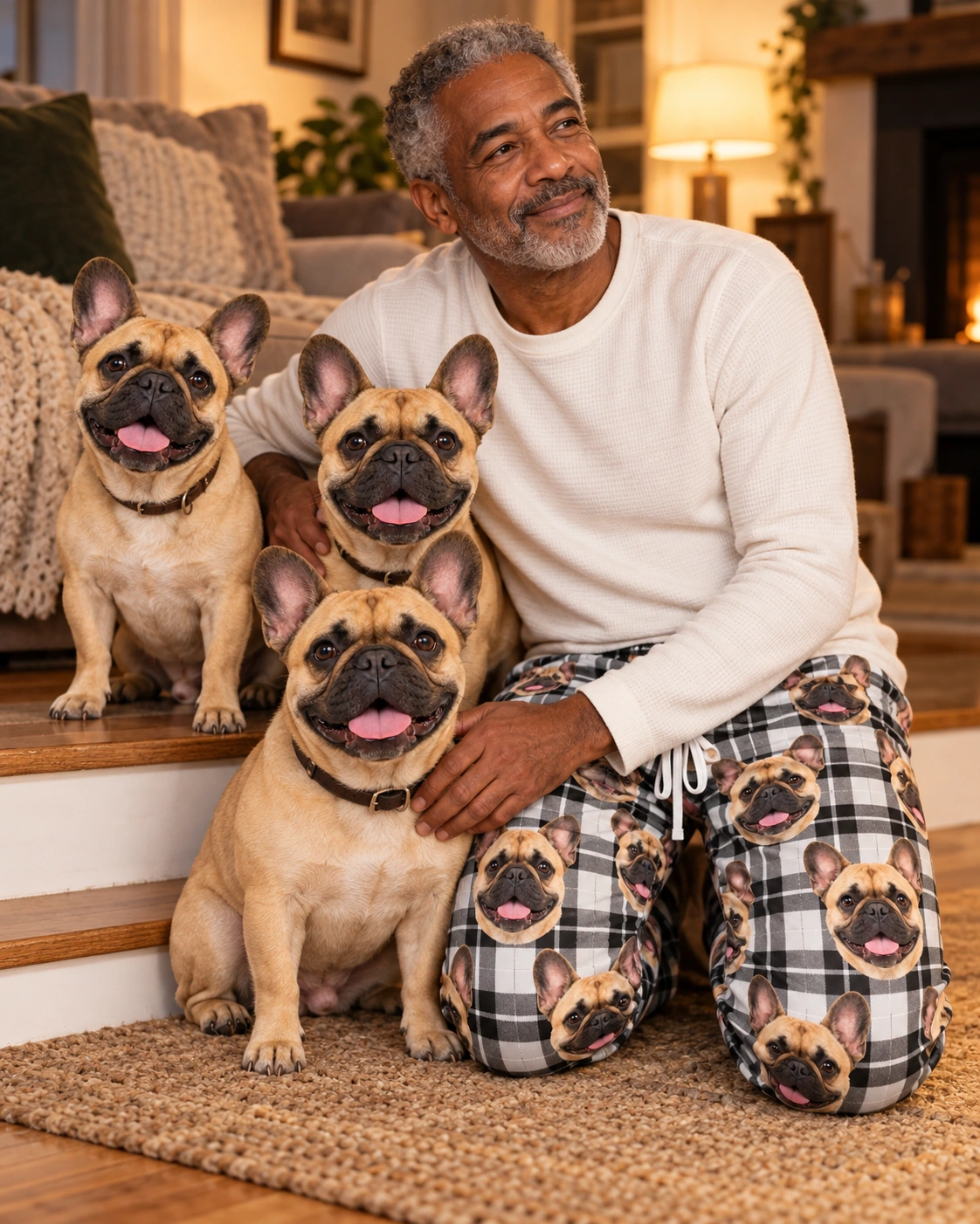 French Bulldog Pajama Pants – With Dog, White Plaid | MyDogPics Man in French bulldog pajama pants with his French Bulldog — MyDogPics