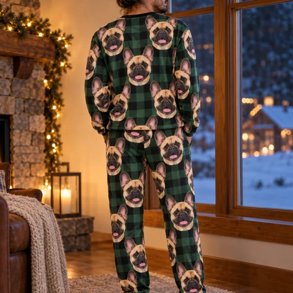 Back view of a French bulldog pajama set: the print continues all the way round — MyDogPics