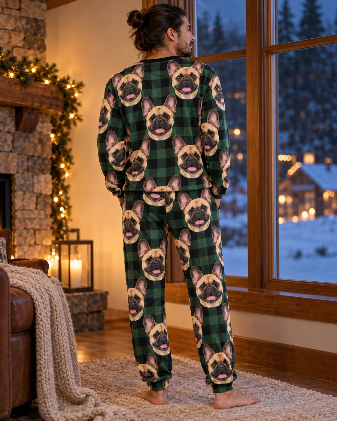 French Bulldog Pajama Set – Back View, Green Plaid | MyDogPics Back view of a French bulldog pajama set: the print continues all the way round — MyDogPics