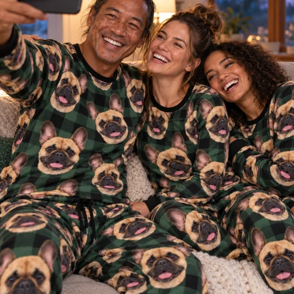 Man and his friends in matching French bulldog pajama set with fawn French Bulldog faces on green plaid fabric — MyDogPics