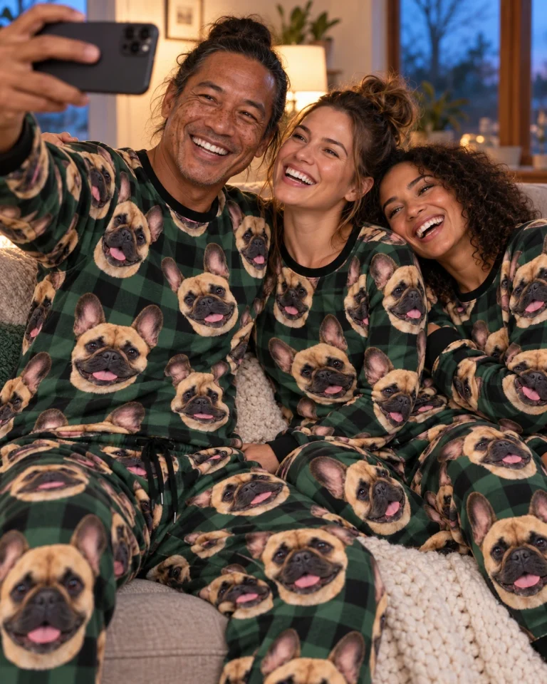 Man and his friends in matching French bulldog pajama set with fawn French Bulldog faces on green plaid fabric — MyDogPics