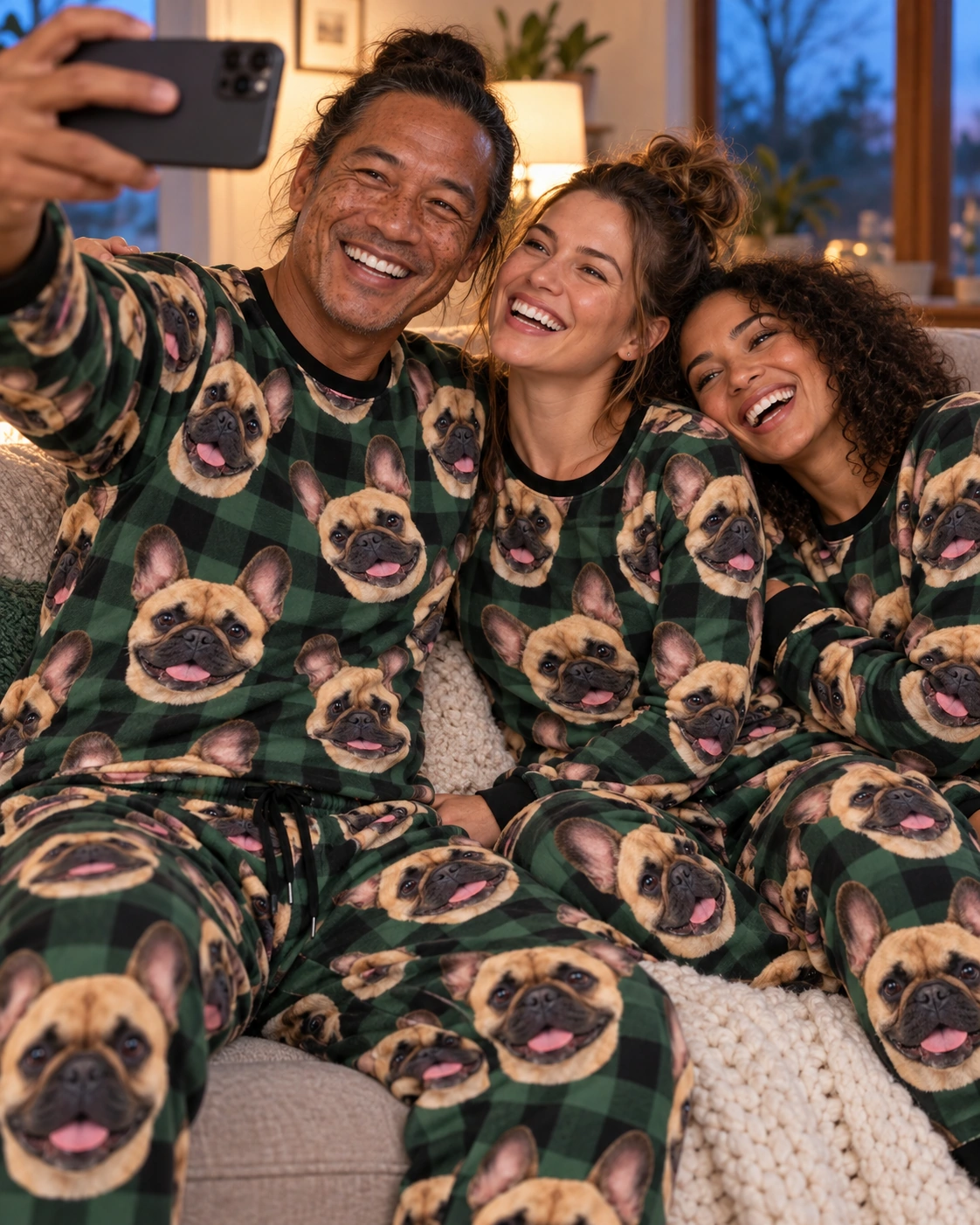 French Bulldog Pajama Set – Family, Green Plaid | MyDogPics Man and his friends in matching French bulldog pajama set with fawn French Bulldog faces on green plaid fabric — MyDogPics