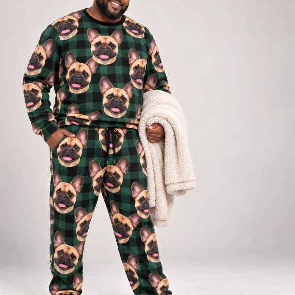 Man wearing a French bulldog pajama set covered in fawn French Bulldog faces on green plaid fabric — MyDogPics