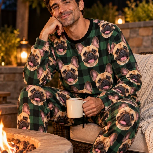 Man sitting in a French bulldog pajama set covered in fawn French Bulldog faces — MyDogPics