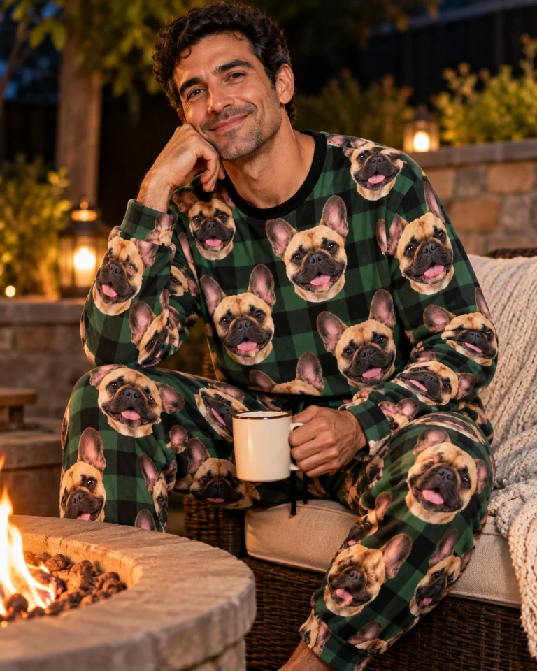 Man sitting in a French bulldog pajama set covered in fawn French Bulldog faces — MyDogPics