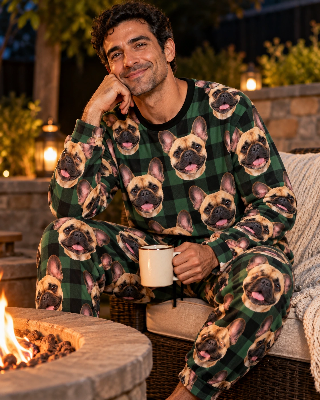 French Bulldog Pajama Set – Sitting, Green Plaid | MyDogPics Man sitting in a French bulldog pajama set covered in fawn French Bulldog faces — MyDogPics