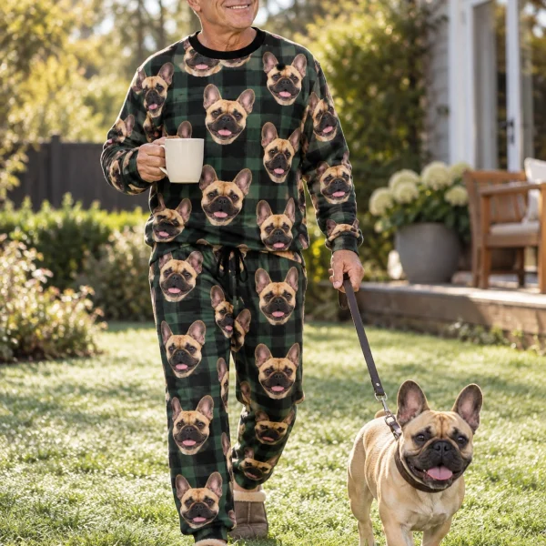Man in a French bulldog pajama set with his French Bulldog — MyDogPics