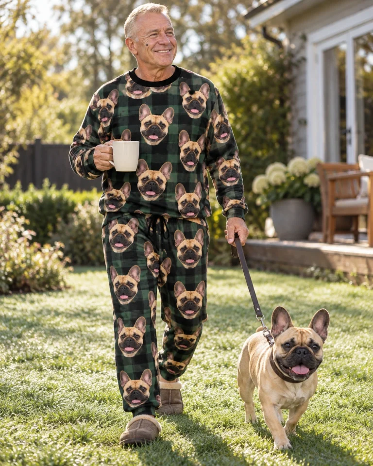 Man in a French bulldog pajama set with his French Bulldog — MyDogPics