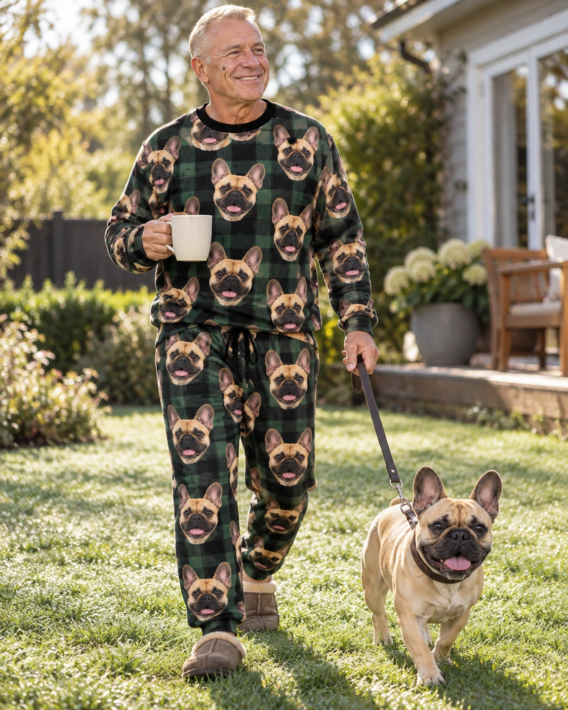 French Bulldog Pajama Set – With Dog, Green Plaid | MyDogPics Man in a French bulldog pajama set with his French Bulldog — MyDogPics