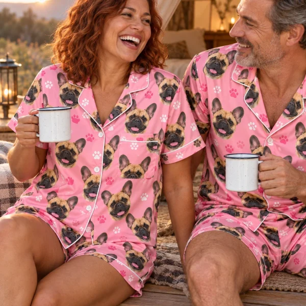 Woman and her partner in matching French bulldog pajama short set with fawn French Bulldog faces — MyDogPics