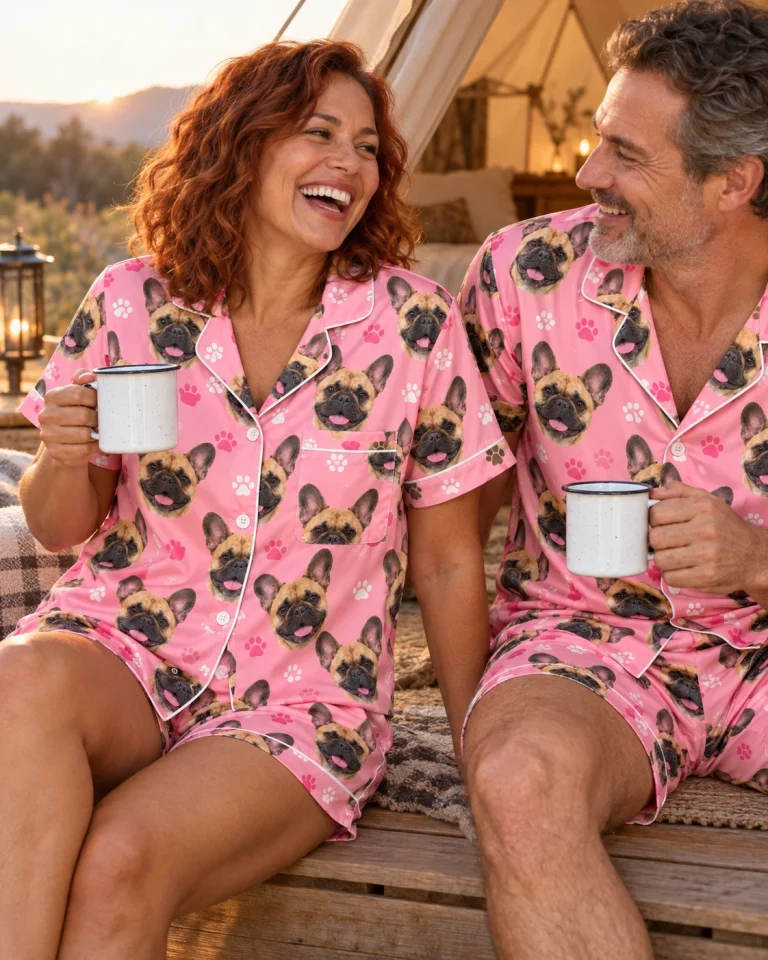 Woman and her partner in matching French bulldog pajama short set with fawn French Bulldog faces — MyDogPics