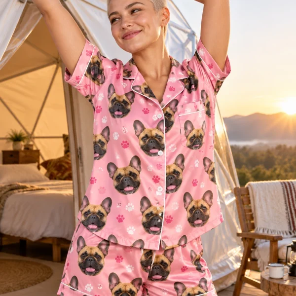 Woman posing in a French bulldog pajama short set, fawn French Bulldog faces on pink paw-print satin — MyDogPics