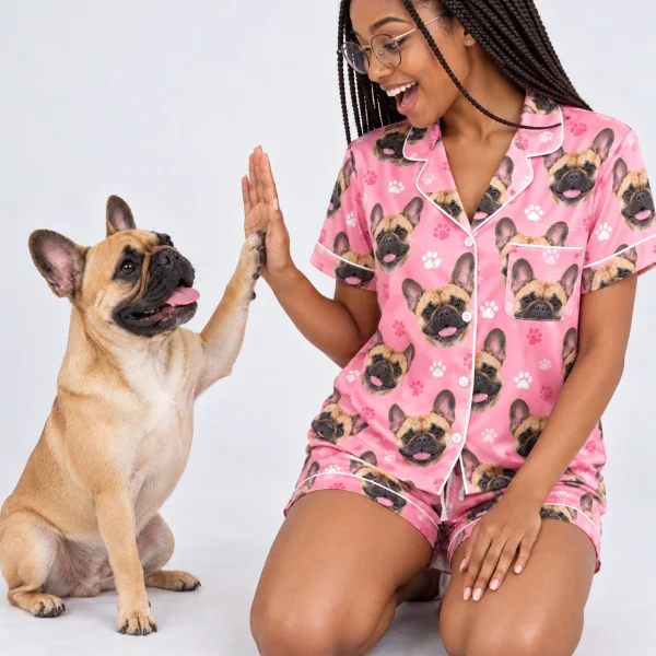 Woman in a French bulldog pajama short set with her French Bulldog — MyDogPics