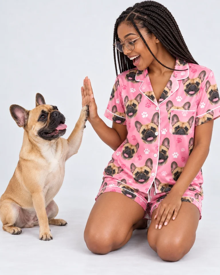 Woman in a French bulldog pajama short set with her French Bulldog — MyDogPics