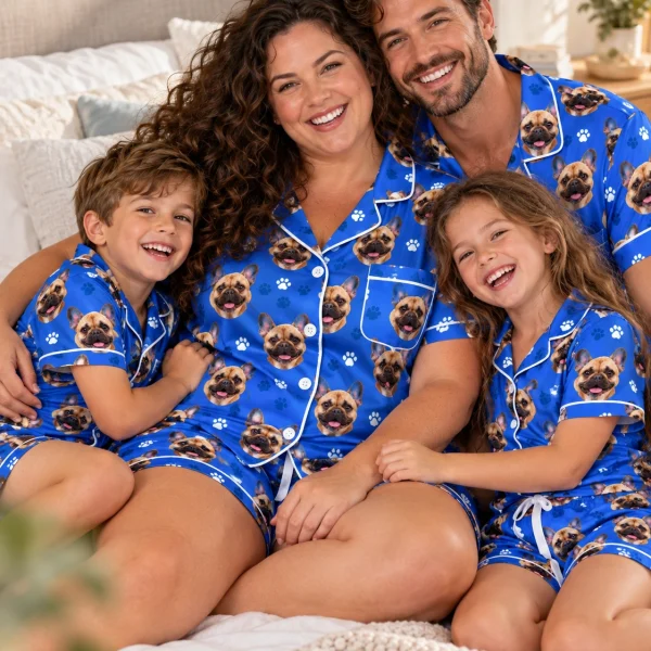 Woman and her family in matching French bulldog pajama shorts with fawn French Bulldog faces — MyDogPics