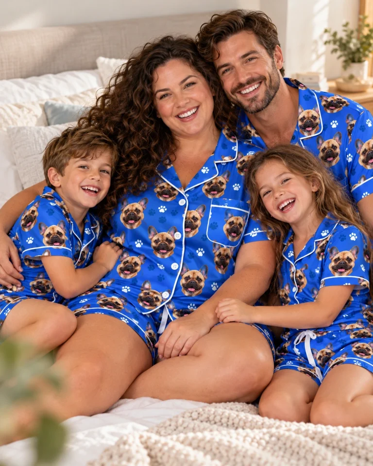 Woman and her family in matching French bulldog pajama shorts with fawn French Bulldog faces — MyDogPics